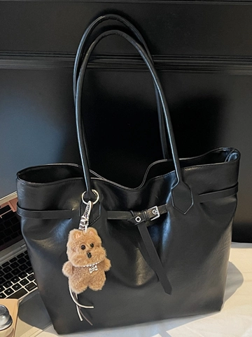 Large Capacity PU Leather Tote Bag For Women Vintage Urban Simple Style Solid Color Shoulder Bag With Bear Pendant For Work Commute