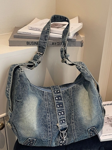 Dames Retro Gewassen Denim Draagtas Met Klinknagels Bezet Y2K Punk Hobo Schoudertas Grote Capaciteit Distressed Messenger Bag
