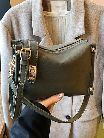 Retro PU Leder Kleine Quadratische Schultertasche Für Damen Mode Umhängetasche Mit Metallschloss Niete Urban Einfach Stil