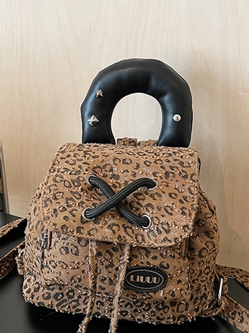 Mini Sac à Dos Imprimé Léopard Style Coréen pour Femmes Poignée en Cuir à Rivets Cordon de Serrage Petit Sac à Dos Décontracté