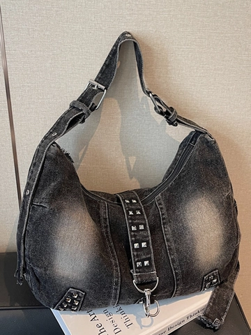 Dames Retro Gewassen Denim Draagtas Met Klinknagels Bezet Y2K Punk Hobo Schoudertas Grote Capaciteit Distressed Messenger Bag