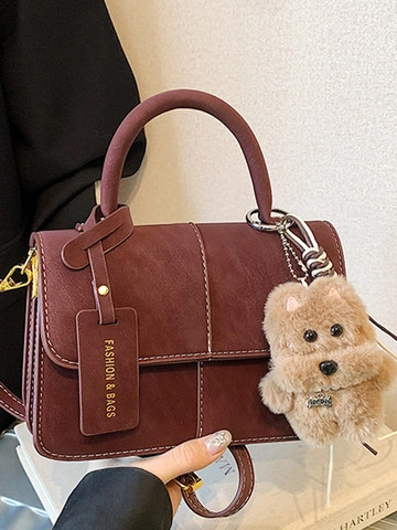 Bolso de Mano Vintage de Cuero PU Costuras en Contraste Solapa Cuadrada Con Colgante de Peluche para Mujer Bolso de Hombro