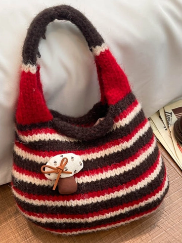 Vintage Korean Knitted Striped Shoulder Bag For Women Cute Forest Style Mushroom Pendant Large Capacity Crochet Tote Bag