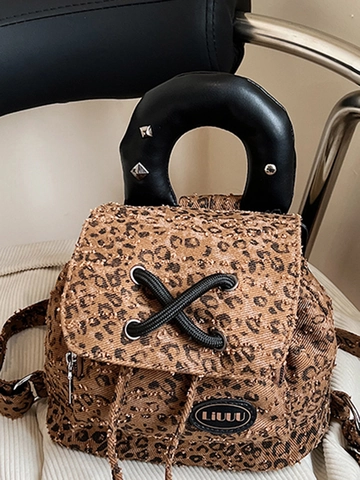 Mini Sac à Dos Imprimé Léopard Style Coréen pour Femmes Poignée en Cuir à Rivets Cordon de Serrage Petit Sac à Dos Décontracté