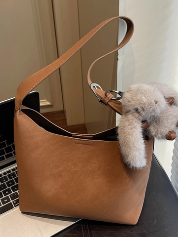 Damen Retro PU Leder Hobo Tasche Große Kapazität Einfache Urbane Pendler Achseltasche Schulter Umhängetasche Mit Plüsch Hase Anhänger