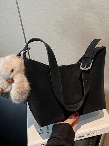 Damen Retro PU Leder Hobo Tasche Große Kapazität Einfache Urbane Pendler Achseltasche Schulter Umhängetasche Mit Plüsch Hase Anhänger