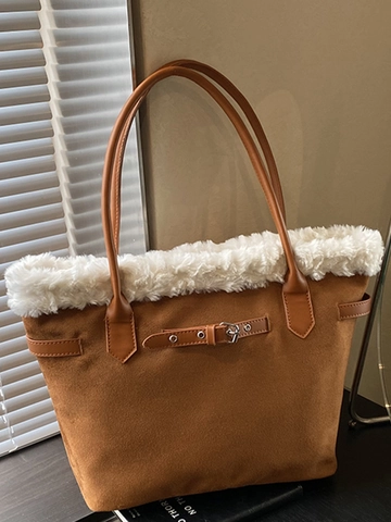Bolso Tote de Gran Capacidad para Mujer en Gamuza Sintética Vintage con Adorno de Peluche Bolso de Hombro Moda de Invierno Patchwork