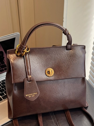 Vintage PU Leather Backpack Women Fashion School Bag Metal Lock Stitching Details Travel Daily Use Retro Rucksack