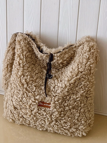 Korean Style Large Capacity Lamb Wool Shoulder Bag For Women Fluffy Teddy Fleece Tote Bag With Cute Rabbit Charm Winter Bag