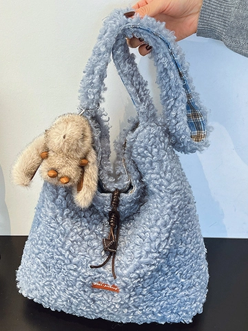 Korean Style Large Capacity Lamb Wool Shoulder Bag For Women Fluffy Teddy Fleece Tote Bag With Cute Rabbit Charm Winter Bag