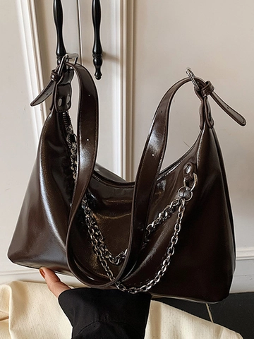 Women Glossy PU Leather Underarm Bag Fashion Silver Chain Shoulder Bag Vintage Solid Color Small Square Bag Casual Daily Satchel