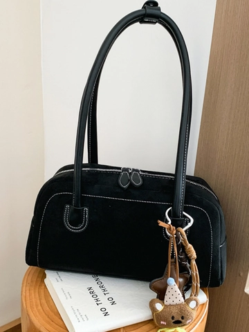 Bolso de Hombro de Axila de Estilo de Gamuza de PU Vintage para Mujer Bolso de Mano Retro de Color Sólido Con Colgante de Oso Lindo