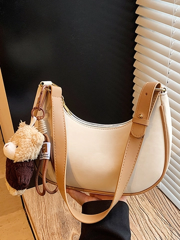 Vintage Leopard Print Hobo Shoulder Bag For Women PU Leather Half Moon Underarm Bag With Bear Keychain Casual Shopping Bag