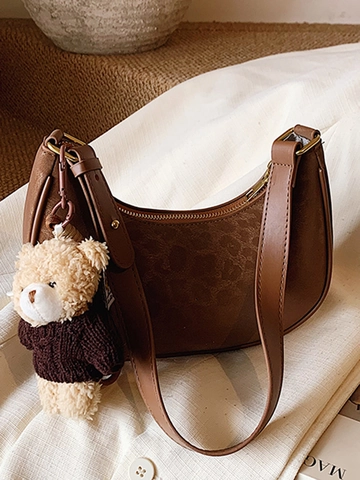 Vintage Leopard Print Hobo Shoulder Bag For Women PU Leather Half Moon Underarm Bag With Bear Keychain Casual Shopping Bag
