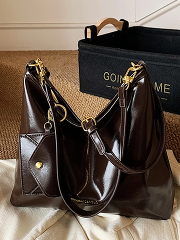Dames Grote Capaciteit Retro Tote Tas Hoogglans PU Leer Hobo Tas Met Kleine Pouch Goud Hardware Commuter Schoudertas
