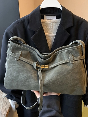 Vintage Large Capacity Women PU Leather Shoulder Bag Retro Crossbody Bag With Metal Buckle Stitching Elegant Commuter Solid Handbag