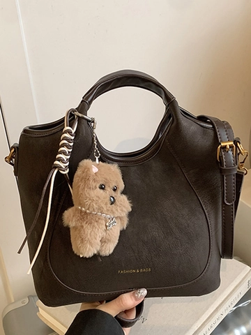 Women Retro PU Leather Bucket Bag Large Capacity Stylish Commute Shoulder Bag With Cute Bear Pendant Fashion Handbag