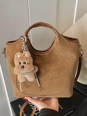 Women Retro PU Leather Bucket Bag Large Capacity Stylish Commute Shoulder Bag With Cute Bear Pendant Fashion Handbag