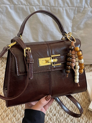 Women Vintage PU Leather Handbag With Wooden Bead Pendant Minimalist Shoulder Crossbody Bag Metal Lock Buckle Commuter Purse Lady Bag