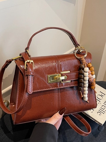 Women Vintage PU Leather Handbag With Wooden Bead Pendant Minimalist Shoulder Crossbody Bag Metal Lock Buckle Commuter Purse Lady Bag