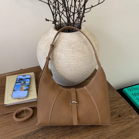 Women Retro PU Leather Underarm Bag Contrast Stitching Vintage Hobo Shoulder Bag Large Capacity Commuter Tote Handbag