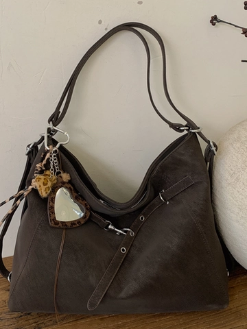 Bolso Tote de Cuero PU Vintage de Gran Capacidad para Mujer Bolso de Hombro Retro de Color Sólido Con Colgante Estampado de Leopardo