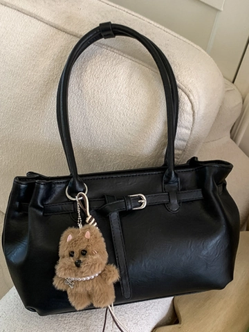 Women's Retro PU Leather Shoulder Bag Large Capacity Tote Bag With Cute Plush Pendant Urban Minimalist Handbag Daily Commute