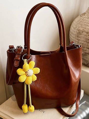 Minimalist PU Leather Bucket Bag For Women With Sunflower Pendant Glossy Solid Color Shoulder Bag Urban Commuter Handbag