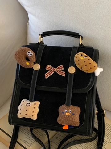 Mochila Pequeña de Estilo Coreano para Mujer Lindos Colgantes de Galleta de Peluche Lazo Cuadrado Gamuza PU Bolsa Escolar Retro
