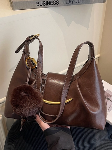 Damen Vintage Plissierte PU Leder Schultertasche Große Kapazität Einfarbige Achseltasche Mit Halbmond Schnalle Plüschball Anhänger