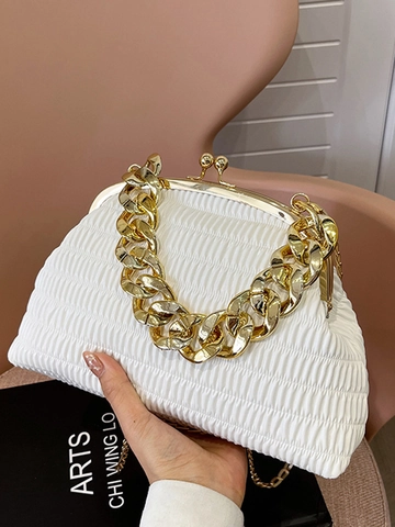 Vintage Geraffte PU-Leder Umhängetasche Für Damen Urban Minimalistisch Wolke Tasche Mit Grober Goldkette Und Metallverschluss