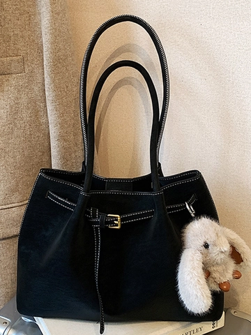 Retro Große Kapazität PU Tote Tasche Für Damen Weiße Kontrastnähte Pendler Umhängetasche Mit Plüsch Kaninchen Anhänger
