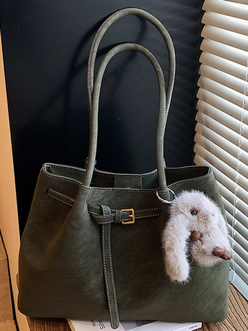 Retro Große Kapazität PU Tote Tasche Für Damen Weiße Kontrastnähte Pendler Umhängetasche Mit Plüsch Kaninchen Anhänger