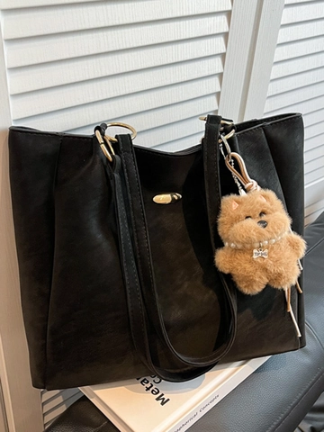 Women Large Capacity Tote Bag Urban Minimalist PU Leather Shoulder Bag For Commuting Daily Use With Cute Plush Pendant