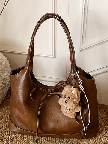 Women Large Capacity PU Leather Tote Bag Casual Solid Color Shoulder Bag With Bow Decoration And Plush Bear Charm For Daily