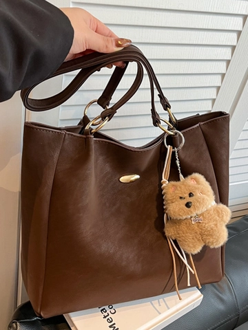 Women Large Capacity Tote Bag Urban Minimalist PU Leather Shoulder Bag For Commuting Daily Use With Cute Plush Pendant