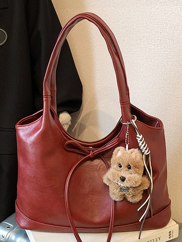 Women Large Capacity PU Leather Tote Bag Casual Solid Color Shoulder Bag With Bow Decoration And Plush Bear Charm For Daily