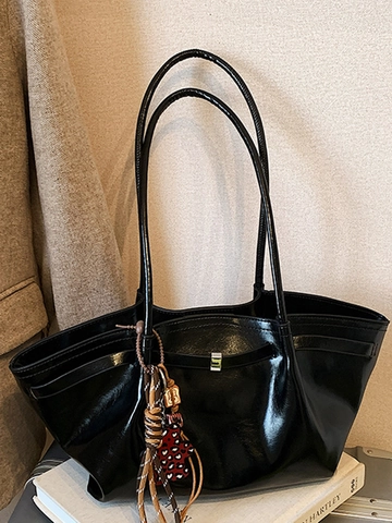 Large Capacity PU Leather Underarm Bag For Women Minimalist Solid Color Commuter Tote Bag With Stitching And Bear Pendant