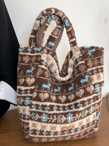 Large Capacity Plush Tote Bag For Women Nordic Fair Isle Reindeer Snowflake Sherpa Shoulder Bag Winter Casual Retro Handbag