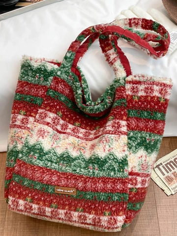 Large Capacity Plush Tote Bag For Women Nordic Fair Isle Reindeer Snowflake Sherpa Shoulder Bag Winter Casual Retro Handbag