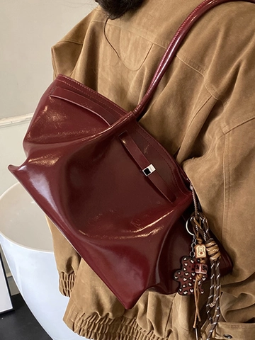 Large Capacity PU Leather Underarm Bag For Women Minimalist Solid Color Commuter Tote Bag With Stitching And Bear Pendant