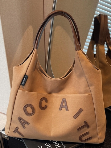 Large Capacity Canvas Tote Bag Retro Letter Applique Shoulder Bag For Women Urban Minimalist Commuter Handbag Tote