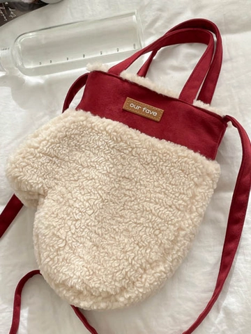 Creative Mitten Shape Plush Crossbody Bag For Women Winter Faux Lamb Wool Shoulder Bag Soft Fuzzy Handbag Christmas Gift