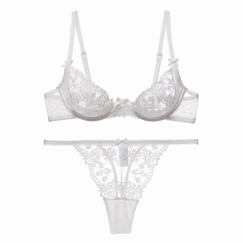 Intimo Lingerie Donna Francese Sexy Pizzo Floreale Reggiseno Minimizer Con Ferretto E Perizoma Ricamo Trasparente Fiocco