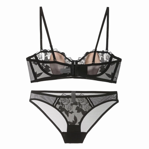 French Style Lace Floral Embroidered Bra And Panty Top And Bottom For Women Sexy Sheer Mesh Lingerie With Underwire Support