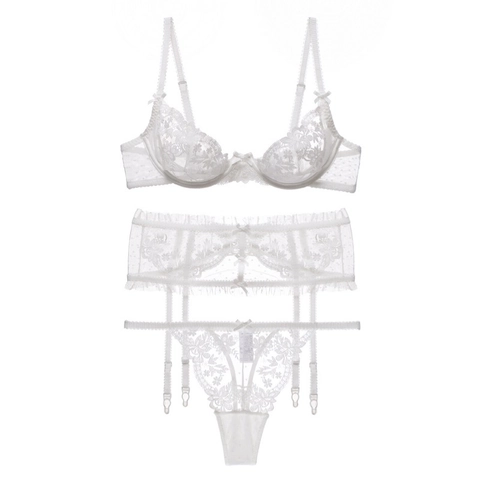 Women Sexy French Lace Lingerie Bra Garter Belt And Thong Sheer Floral Embroidery Wired Underwear Bow Knot Decorative