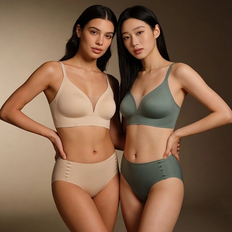 Seamless V-Neck Mesh Bra And Panty Ensemble Women Thin Breathable Push Up Lingerie Combination Comfortable Wireless Underwear