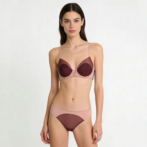 Women Contrast Mesh Lingerie Set French Style Push Up Deep V Bra And Panty Set Minimizer Lingerie Set For Women
