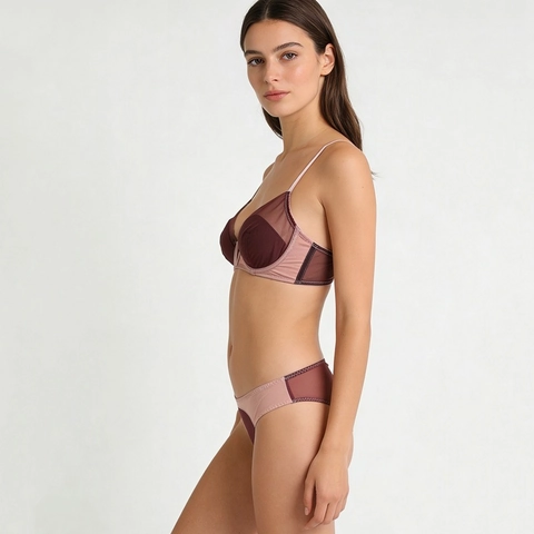 Women Contrast Mesh Lingerie Set French Style Push Up Deep V Bra And Panty Set Minimizer Lingerie Set For Women