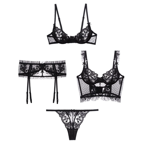 French Embroidery Lace Sexy Lingerie Set Women Ultra Thin See Through Hollow Out Bra Panties Garter Bustier Romantic Lingerie